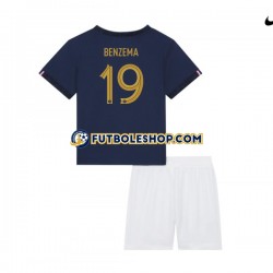 Primera Equipación del Francia Benzema 19 World Cup 2022 Manga Corta para Niño (Camiseta y pantalón)