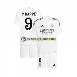 Primera Equipación del Real Madrid Kylian Mbappe 9 2024-2025 Blanco Manga Corta para Niño (Camiseta y pantalón)