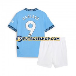 Primera Equipación del Manchester City Erling Haaland 9 2024-2025 Azul Manga Corta para Niño (Camiseta y pantalón)
